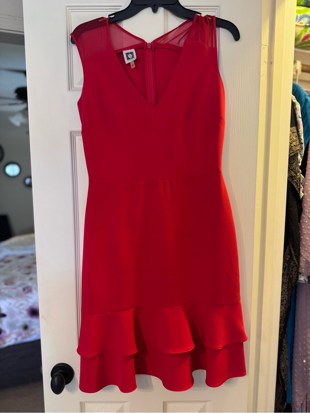 Anne Klein Red Sleeveless V-Neck Ruffle Hem Dress size 2